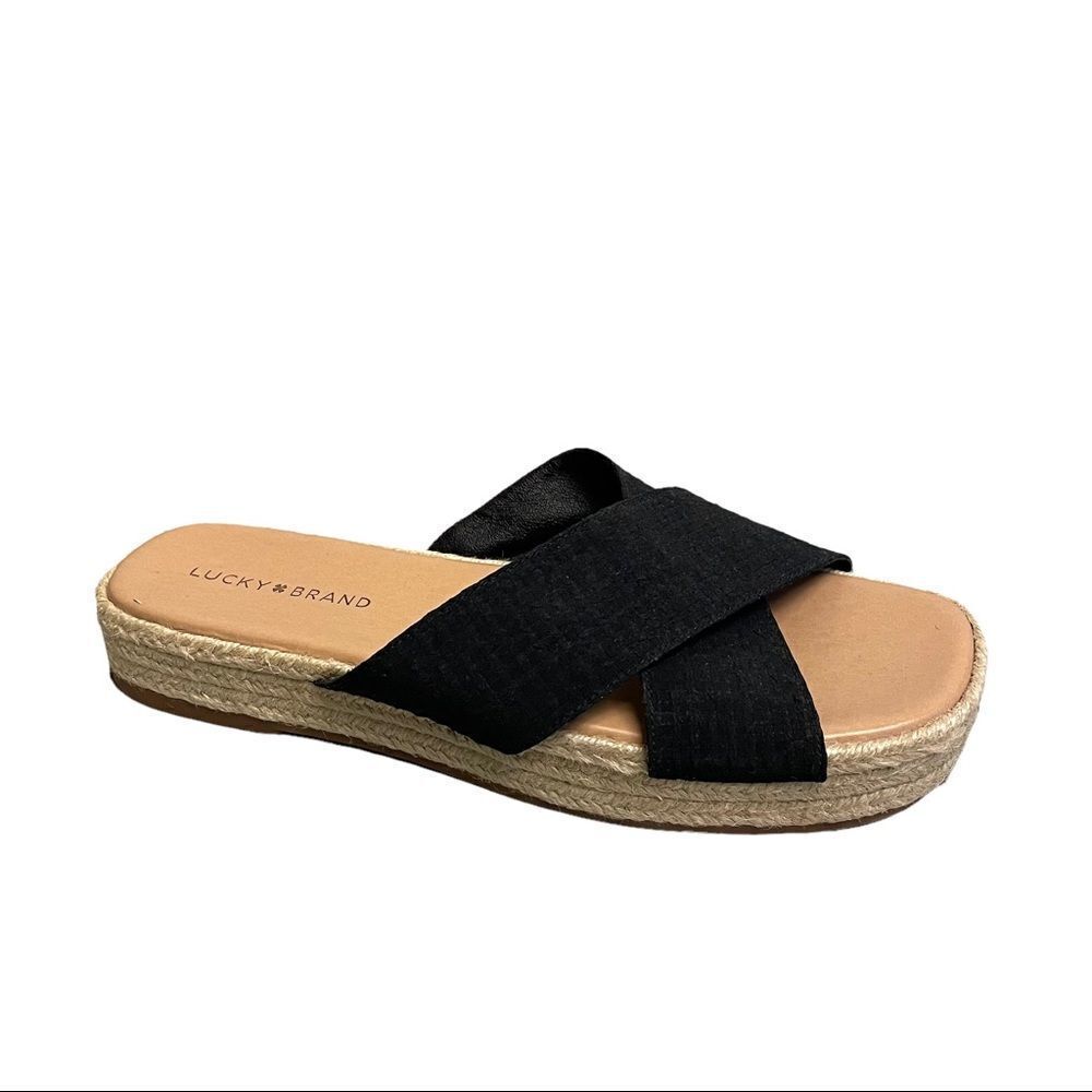 Lucky Brand Black Tan Suede Leather Gayte Slip On Espadrilles Sandals Size 10
